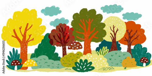 Colorful illustrated trees and mushrooms in a whimsical landscape scene