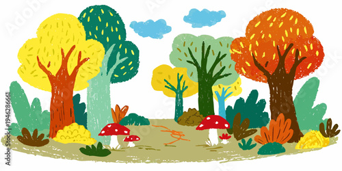 A colorful childlike illustration depicting a forest with trees and mushrooms