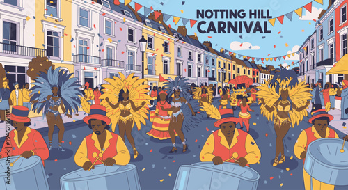 Illustration of people celebrating Notting Hill Carnival with colorful costumes and drums on a street.