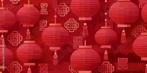 A seamless pattern of traditional red chinese lanterns and knot details