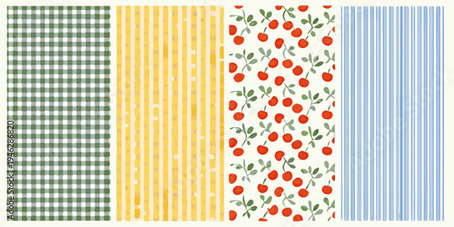 Four colorful patterned fabric swatches arranged in a vertical composition