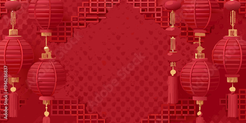 Traditional red chinese lanterns arranged around a dark central space