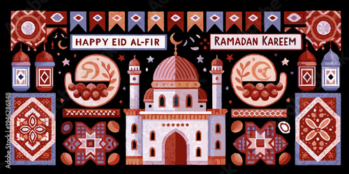 Colorful watercolor illustration celebrating happy eid al fitr and ramadan kareem
