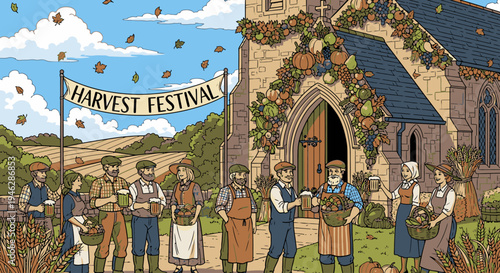 Illustration of people gathered outside a decorated church for a Harvest Festival celebration with a banner and floral wreaths on the door in a rural setting.