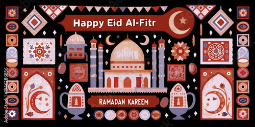 Festive eid al fitr illustration with mosque crescent moon and decorative elements