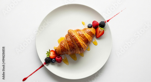 Delicious croissant with fresh berries and syrup on white plate