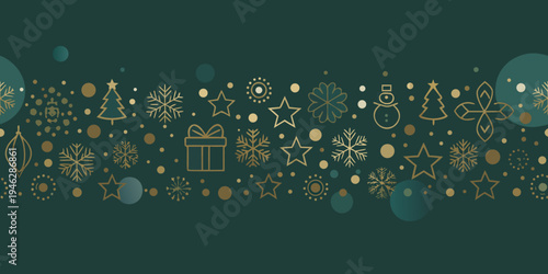 Festive seamless pattern with golden christmas ornaments on teal background