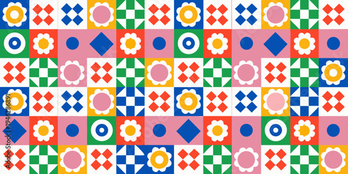 Colorful geometric pattern with floral and diamond shapes arranged in rows