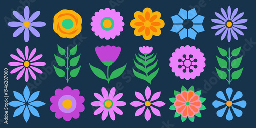 Colorful folk flowers and leaves arranged in a decorative pattern