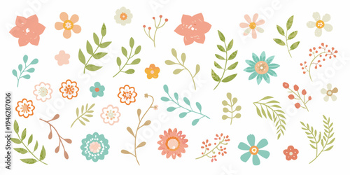 Collection of hand drawn floral illustrations and delicate botanical elements