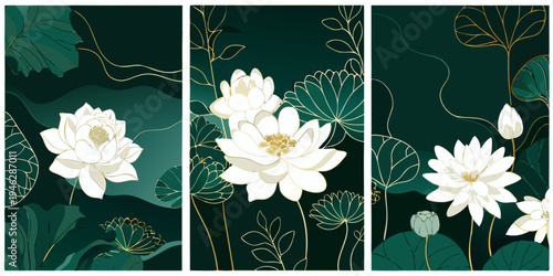 Elegant triptych featuring white lotus flowers against a dark teal background