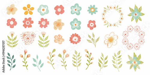 Collection of colorful hand drawn floral illustrations and botanical elements