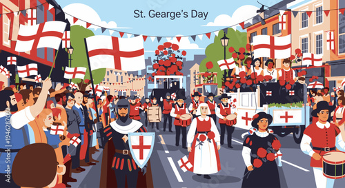 Illustration of a lively street parade celebrating St. George's Day with people in medieval and modern costumes holding flags and banners in a colorful urban setting.