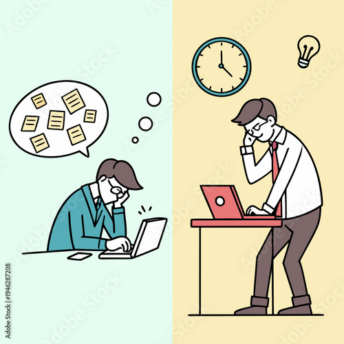 Comparison of two businessmen at work: one exhausted with low energy falling asleep at his desk and another productive professional with high energy and creative ideas working on a laptop. See Less
