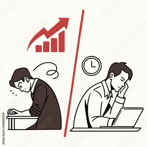 Comparison of two businessmen at work: one exhausted with low energy falling asleep at his desk and another productive professional with high energy and creative ideas working on a laptop. See Less
