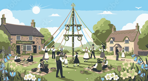 Illustration of people gathered around a maypole in a green field with houses and flowers under a sunny blue sky.