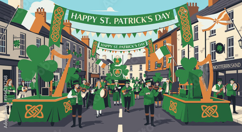 Illustration of a lively St. Patrick's Day parade with people marching and floats in a city street with green and orange decorations.