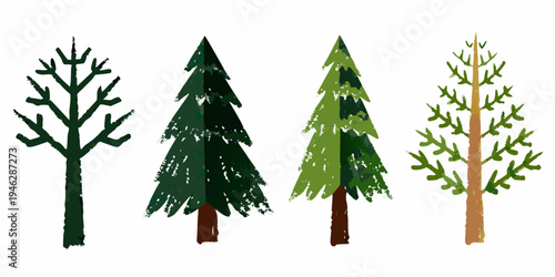 Four stylized trees depicted with varying shapes and shades of green