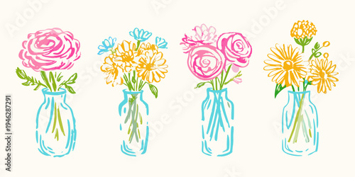 Colorful hand drawn floral bouquets in simple illustrative glass vases