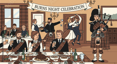 Illustration of people in traditional Scottish attire celebrating Burns Night with a bagpiper, dancers, and a feast in a rustic room with a banner.