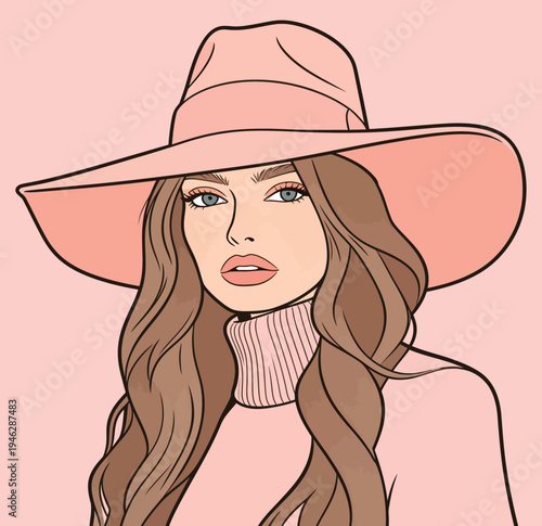 A woman stands wearing a pink hat and sweater. She has long hair and looks directly at the viewer against a pink backdrop.