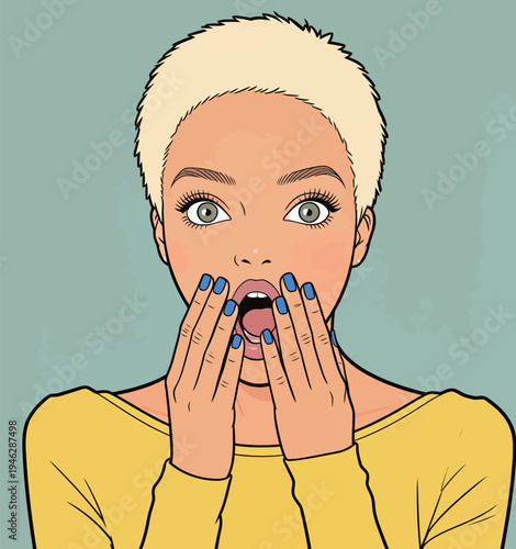 A woman with short light hair looks surprised, covering her mouth with hands. She is wearing a yellow top and has blue nails.