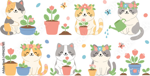 Cute cartoon cats gardening with flowers and plants adorable kitten characters planting watering and caring for garden vector illustration set