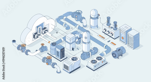 Industrial plumbing system with pumps valves and pipes isometric illustration.
