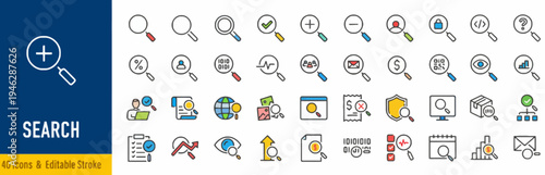 Comprehensive collection of modern user interface and experience icons for search functionality, data retrieval, and exploration across various digital platforms and applications