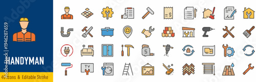 Essential Handyman Service Icons Tools, home repair, construction, and renovation symbols for property maintenance and improvement digital design projects