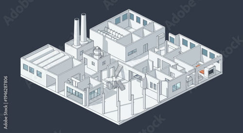 Isometric architectural blueprint of a complex industrial building with multiple levels and rooms.