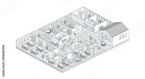 Isometric architectural drawing of a modern office building interior layout.