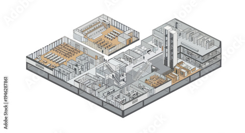 Isometric architectural drawing of a modern building complex with detailed interior layouts.