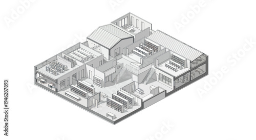 Isometric architectural drawing of a multi-level building interior layout.