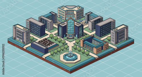 Isometric Cityscape with Modern Buildings and Green Spaces.
