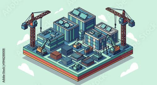 Isometric construction site with cranes and buildings under development.