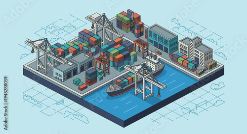 Isometric Container Port with Cargo Ship and Cranes.