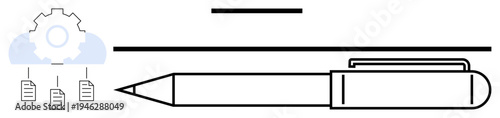 Productivity tools, document management, automation, writing processes, cloud computing, digital workflows. Gear icon with files and a pen emphasizing productivity. Document management and automation