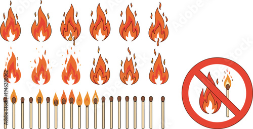 Fire flame set, matchstick fire, burning match, ignition flame icon, fire hazard symbol, safety warning, vector illustration