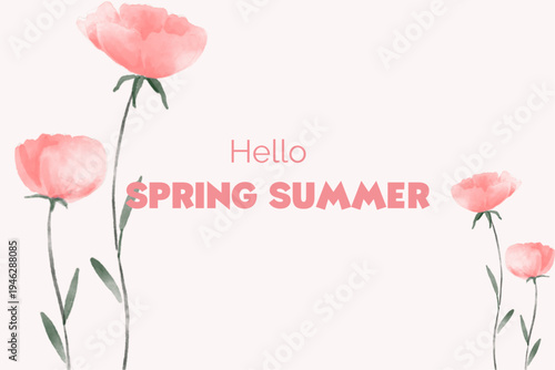 Spring floral in watercolor vector background. Luxury wallpaper design with pink flowers, line art, golden texture.
