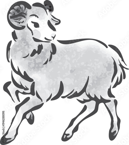 Ink wash and watercolor illustration of a sheep for the Year of the Ram. 2027 Japanese New Year zodiac, traditional style.