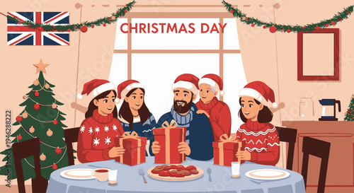 Illustration of a multicultural family in traditional British attire celebrating Christmas Day with gifts and food around a table.