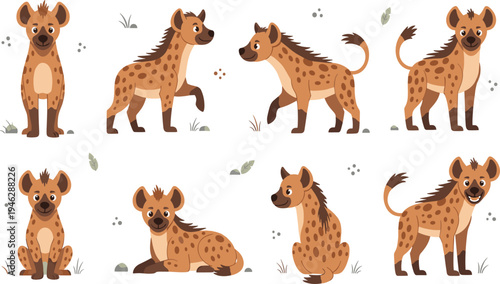 Cute Hyena Character Set with Standing, Sitting and Walking Poses Featuring African Safari Wildlife Animals Cartoon Vector Illustration Collection for Nature Designs.