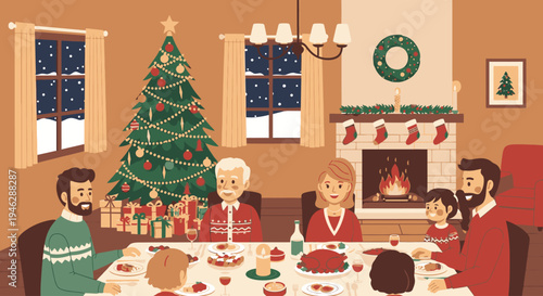 Illustration of a multi-generational family gathered around a festively set table in a cozy living room with a Christmas tree and fireplace, surrounded by gifts and decorations.