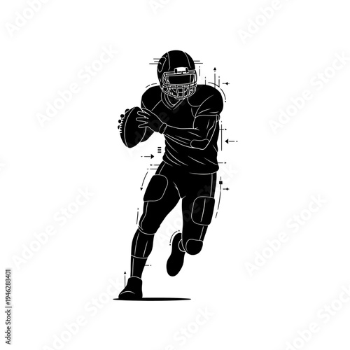 Dynamic silhouette illustration of an American football player running with the ball, showcasing athleticism and the intensity of the sport.
