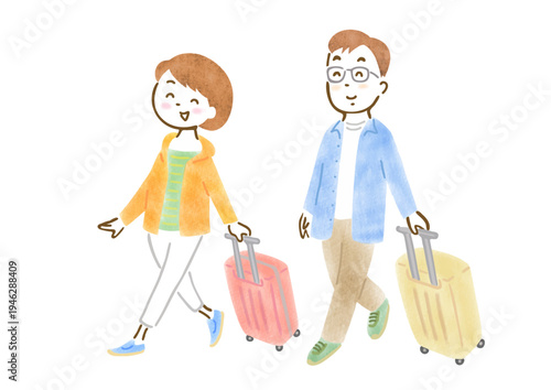 スーツケースを引いて旅行に出かけるカップルのイラスト