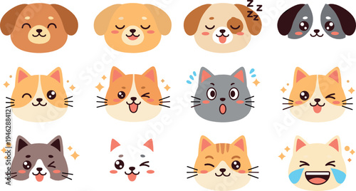 Cute cartoon dog and cat faces with different emotions adorable pet emoji style vector illustration set