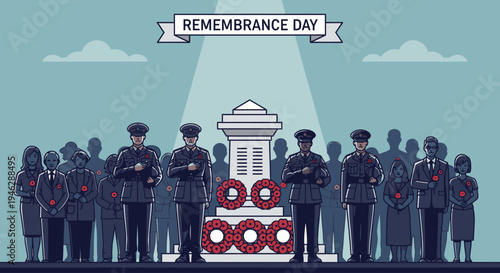 Illustration of people in military uniforms and civilian attire standing solemnly around wreaths at a memorial on Remembrance Day.