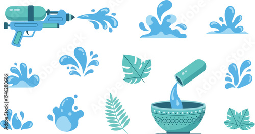 Songkran Festival Water Splash Elements Set with Water Gun and Traditional Bowl