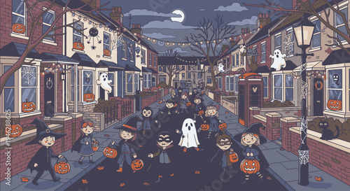 Illustration of children in costumes trick-or-treating on a suburban street at night with a ghost, pumpkins, and houses decorated for Halloween in a cartoon style with a spooky yet playful